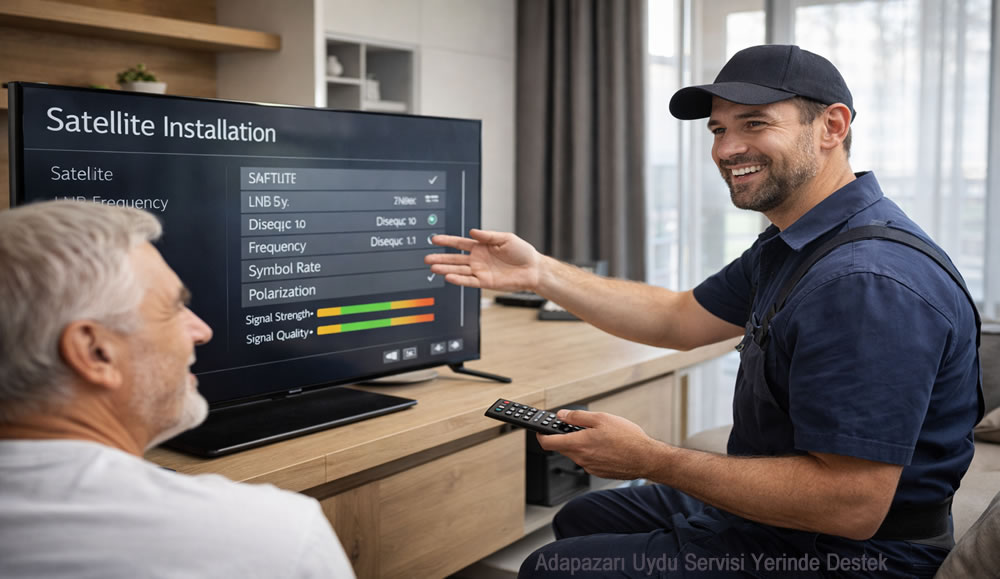 Adapazarı Uydu Servisi Yerinde Destek Adapazarı uyducu ev içinde müşteriye uydu kurulumu ve kanal ayarlarını gösteriyor